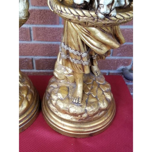 MCM Gold Gilt Chalkware Boy With Kittens Girl With Puppies Lamp Set - Picture 7 of 8